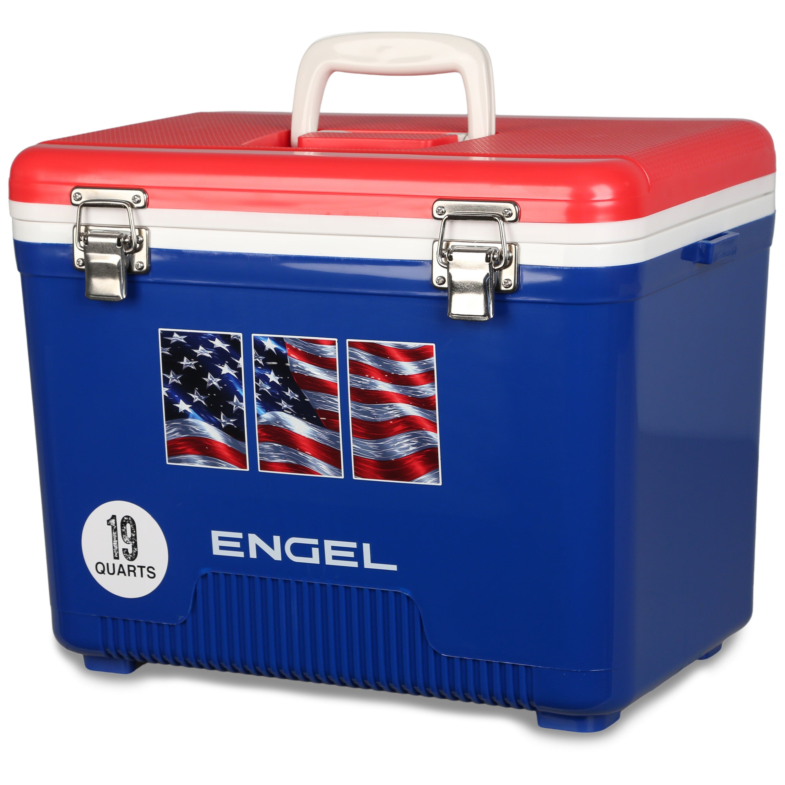 The Engel Coolers 19Qt American Flag Drybox Cooler features a blue body, red lid, white handle, and flag decals—perfect for patriotic outdoor adventures.