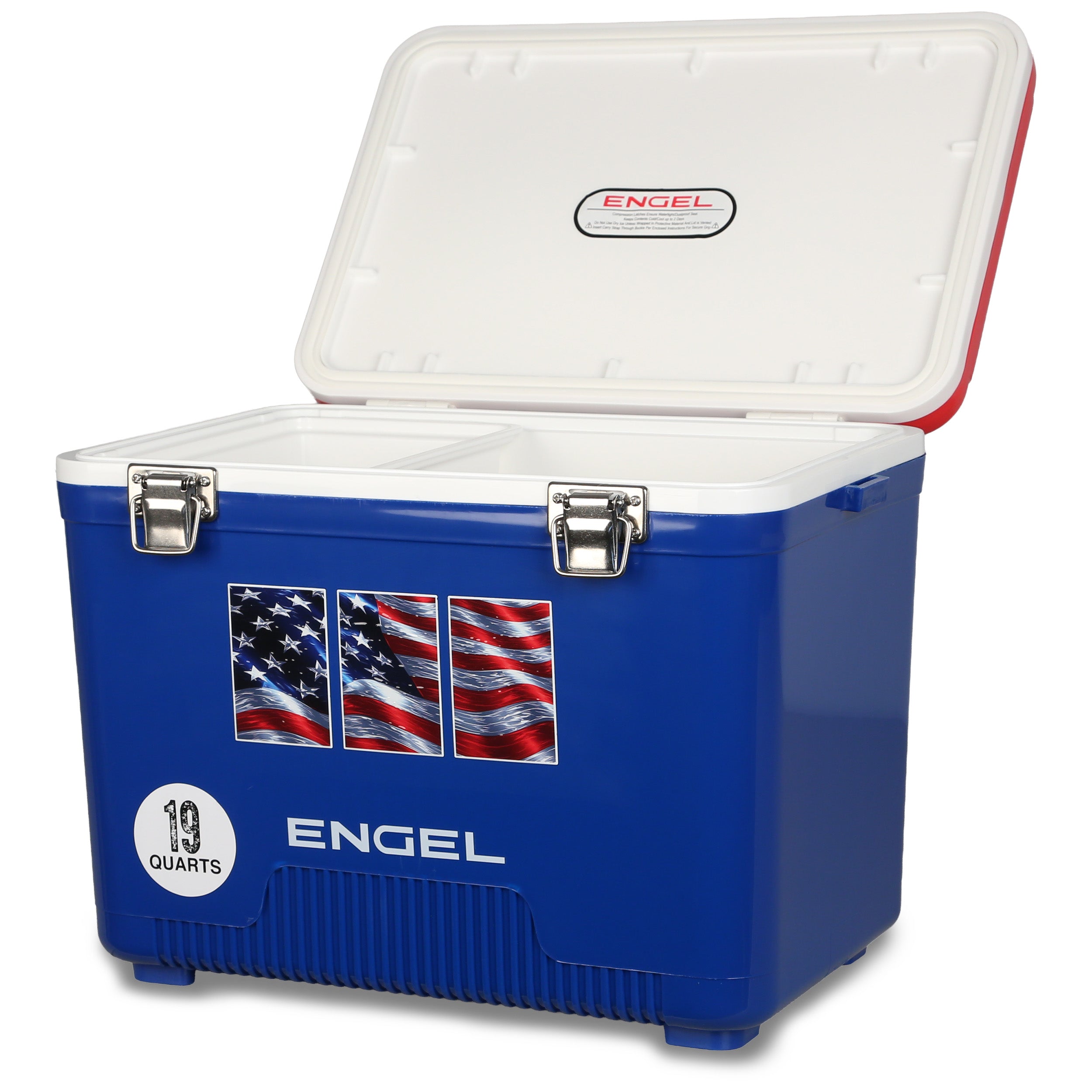 The Engel Coolers 19Qt American Flag Drybox Cooler features a blue, leak-proof design with a white lid, metal latches, and flag decals—ideal for keeping items secure and dry on your next patriotic outdoor adventure.