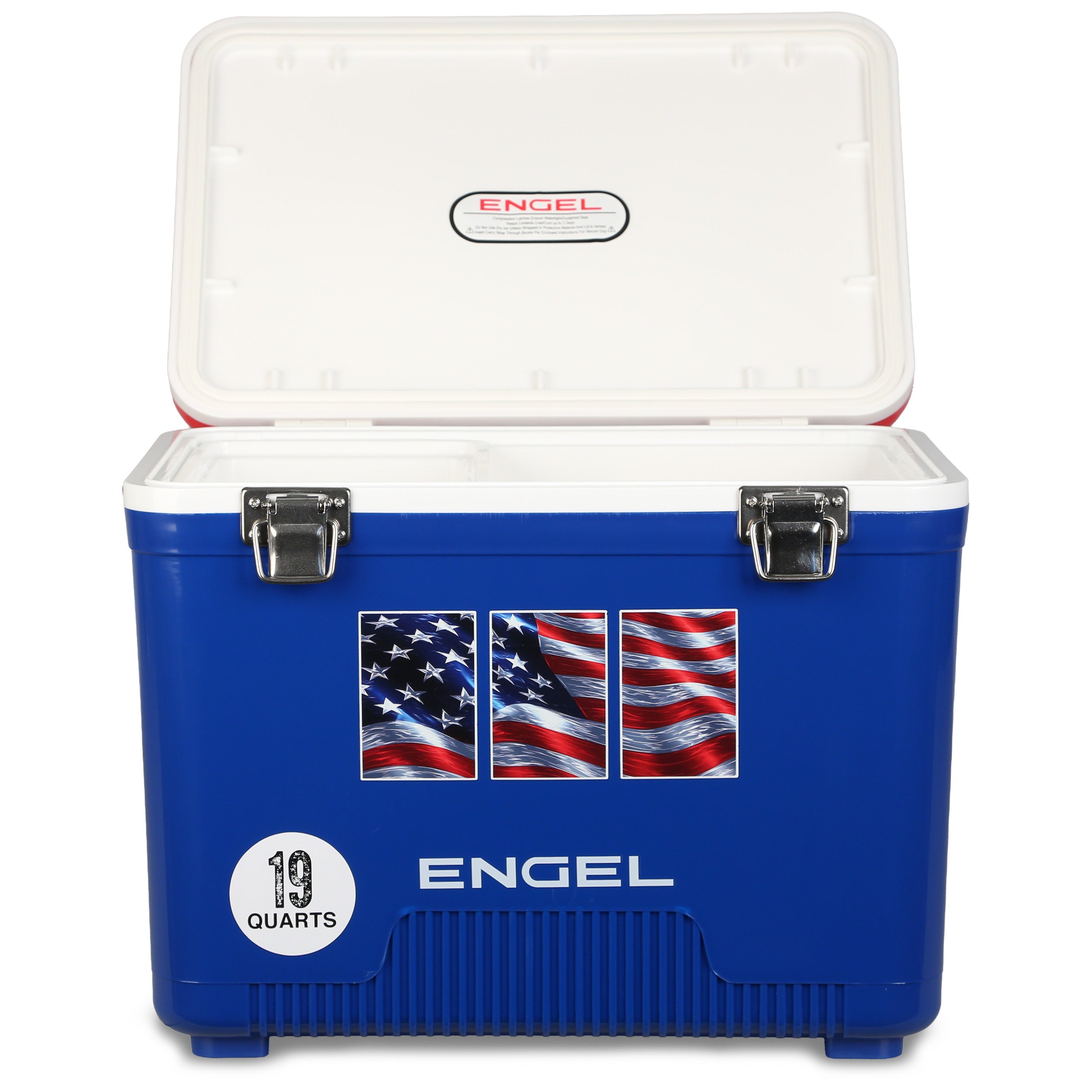 The Engel Coolers 19Qt American Flag Drybox Cooler features a blue body, white open lid, and three American flag graphics—ideal for your next outdoor adventure.