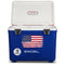 Engel 19Qt Patriotic Drybox Cooler with a distressed American flag design, featuring stainless steel latches and an Engel Coolers label.