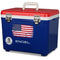 A blue and red Engel Coolers Engel 19Qt Patriotic Drybox Cooler with a distressed American flag design on the front.