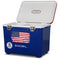 Engel 19Qt Patriotic Drybox Cooler with a United States flag design and metal clasps, isolated on a white background.