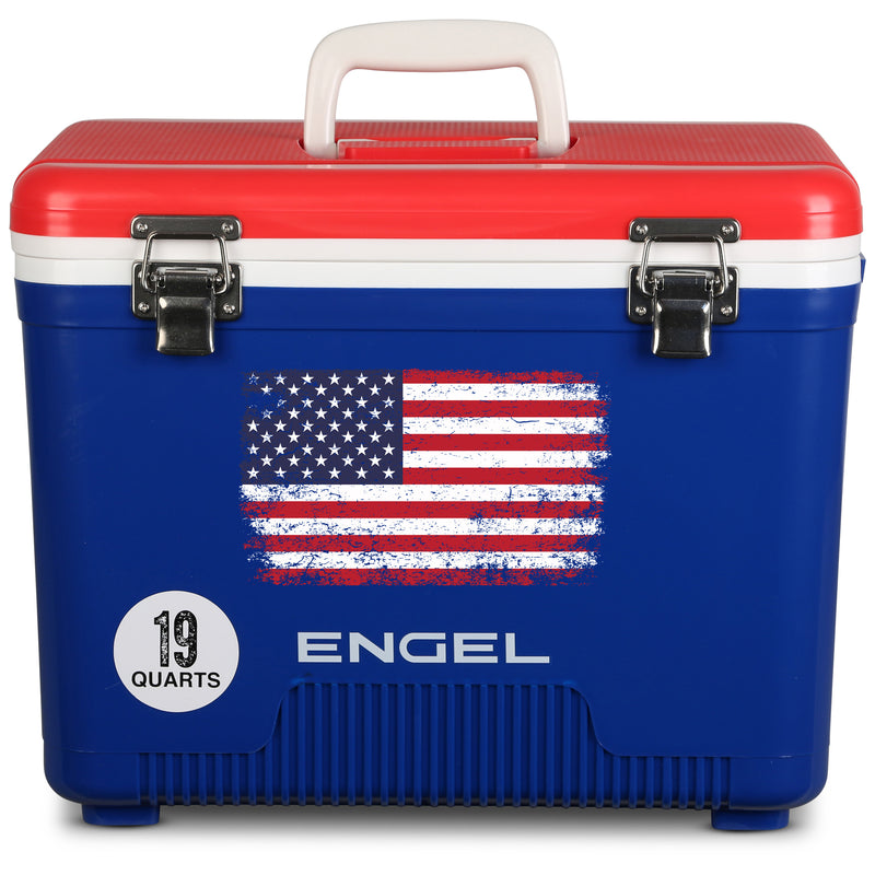 Engel 19Qt Patriotic Drybox Cooler with an aged American flag design and the brand "Engel Coolers" on the front, set against a white background.