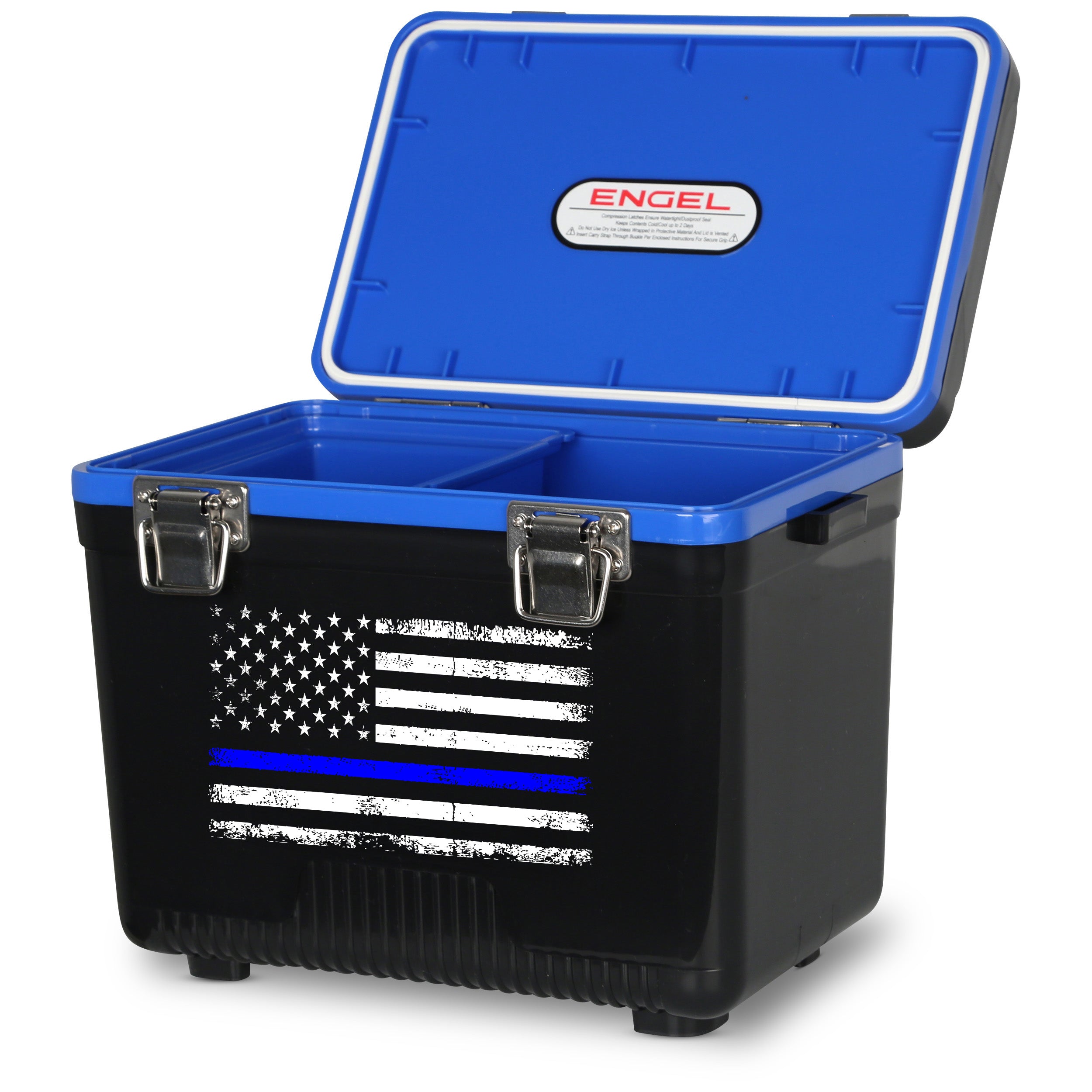 Open the Engel Coolers 7.5Qt Thin Blue Line Lunch Box, featuring a blue lid with the Thin Blue Line flag design, two metal latches, and internal storage compartments as a tribute to Law Enforcement.