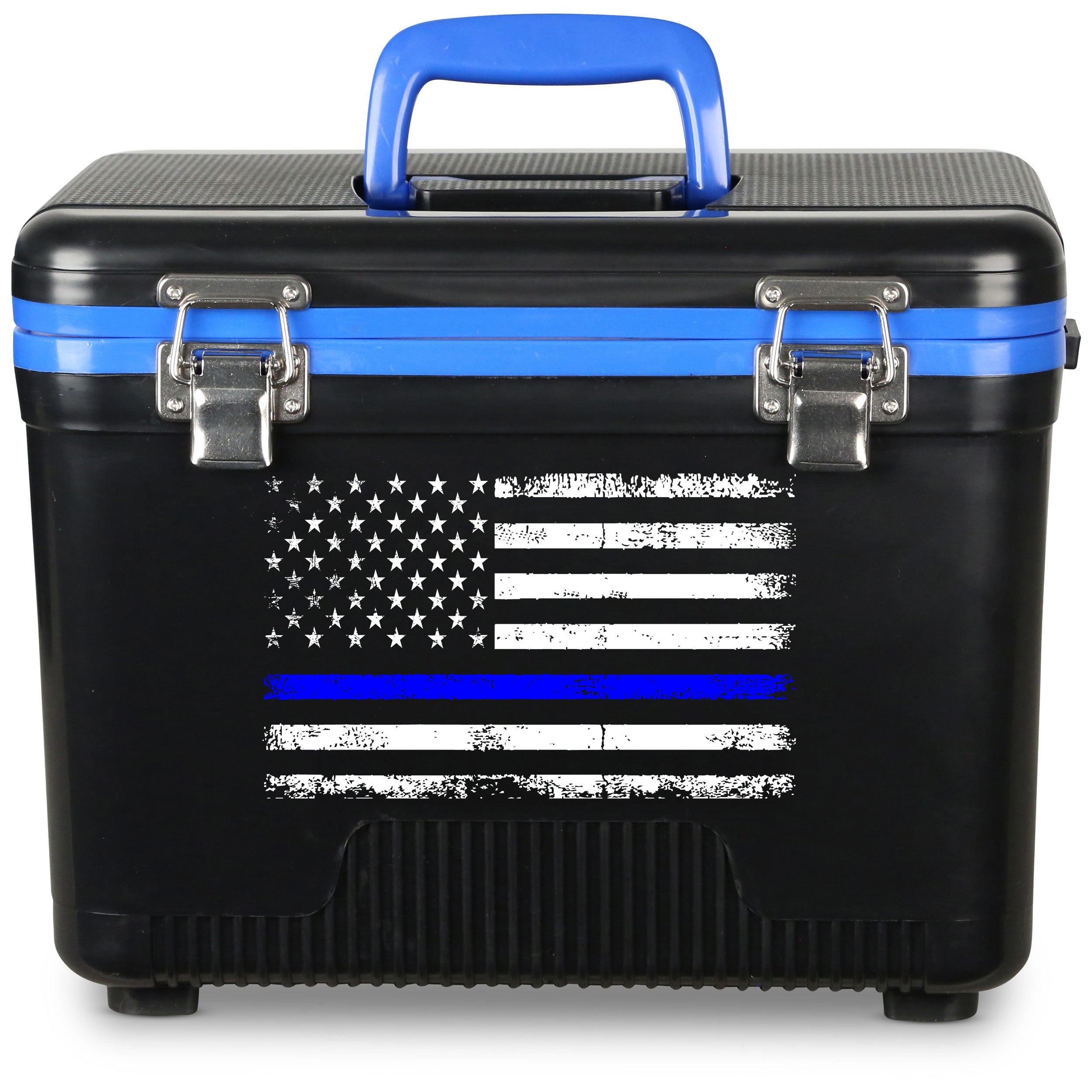 The Engel Coolers 7.5Qt Thin Blue Line Lunch Box is a black and blue insulated cooler with a blue line flag design and sturdy metal latches, ideal for honoring law enforcement.