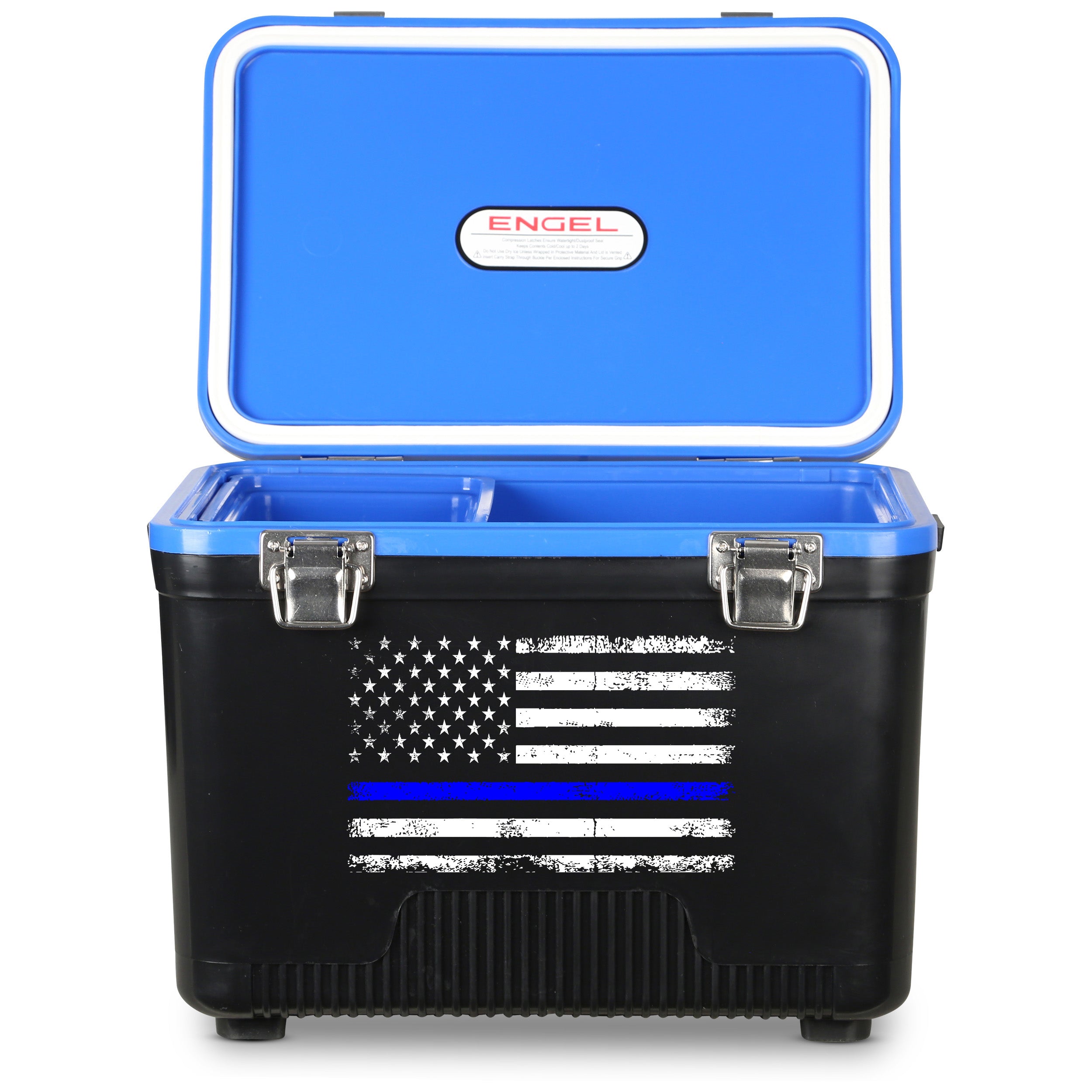 The Engel Coolers 7.5Qt Thin Blue Line Lunch Box is a perfect Law Enforcement Tribute with its striking blue and black design, featuring a distressed American flag with a single thin blue line, embodying respect and honor while keeping your items cool.