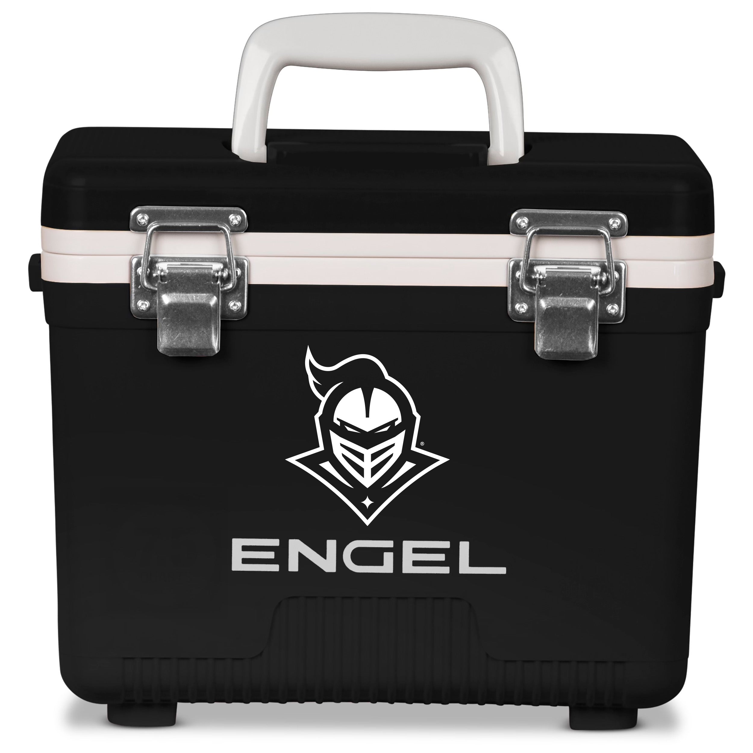 The ENGEL UCF Knight Engel Drybox Cooler & Lunchbox is a black waterproof cooler with a white handle, metal latches, and features a stylized UCF Knights helmet logo on the front.