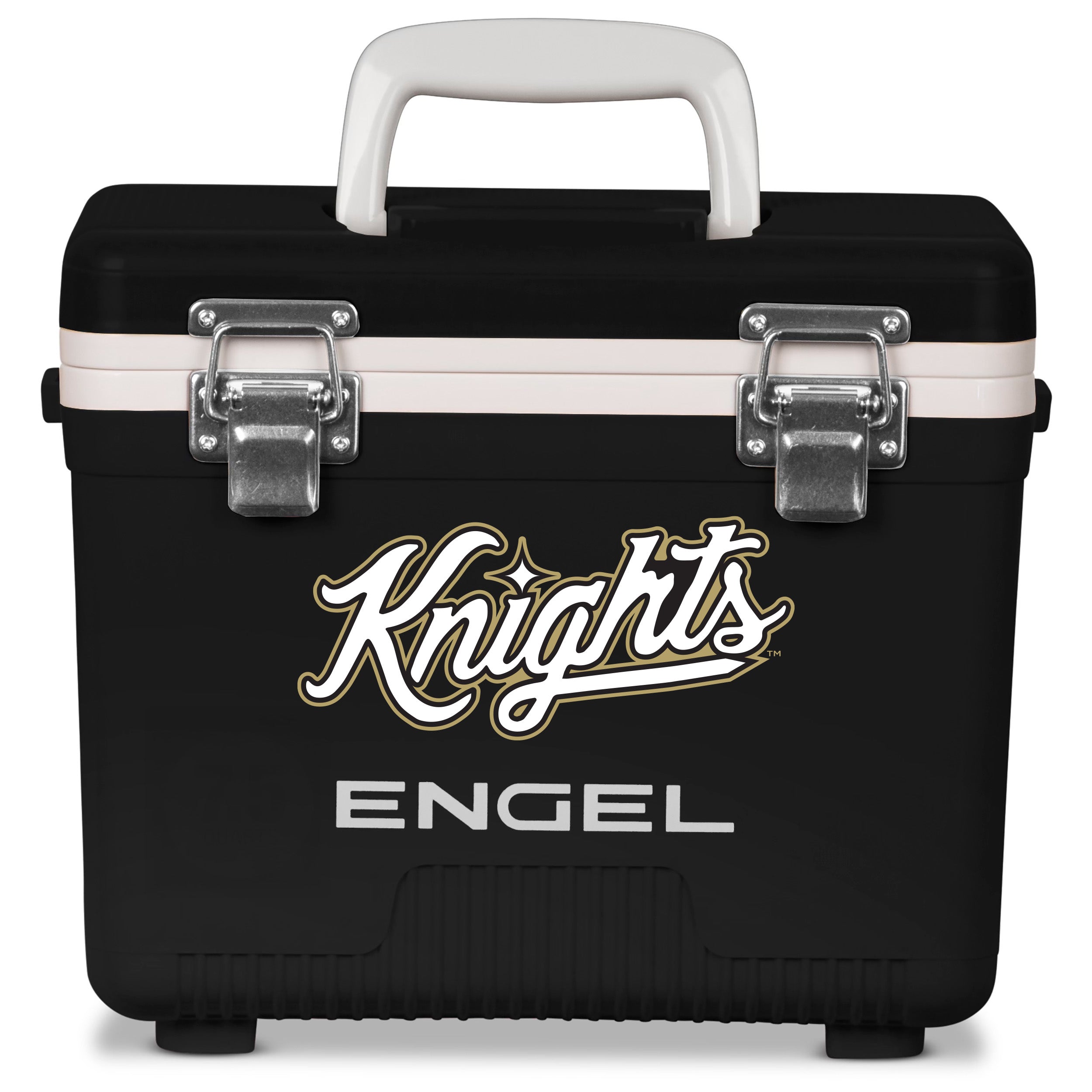 The ENGEL UCF Knights Engel Drybox Cooler & Lunchbox is a black waterproof cooler with a white handle, metal latches, and "Knights" in stylized script, perfect for any UCF Knights fan.