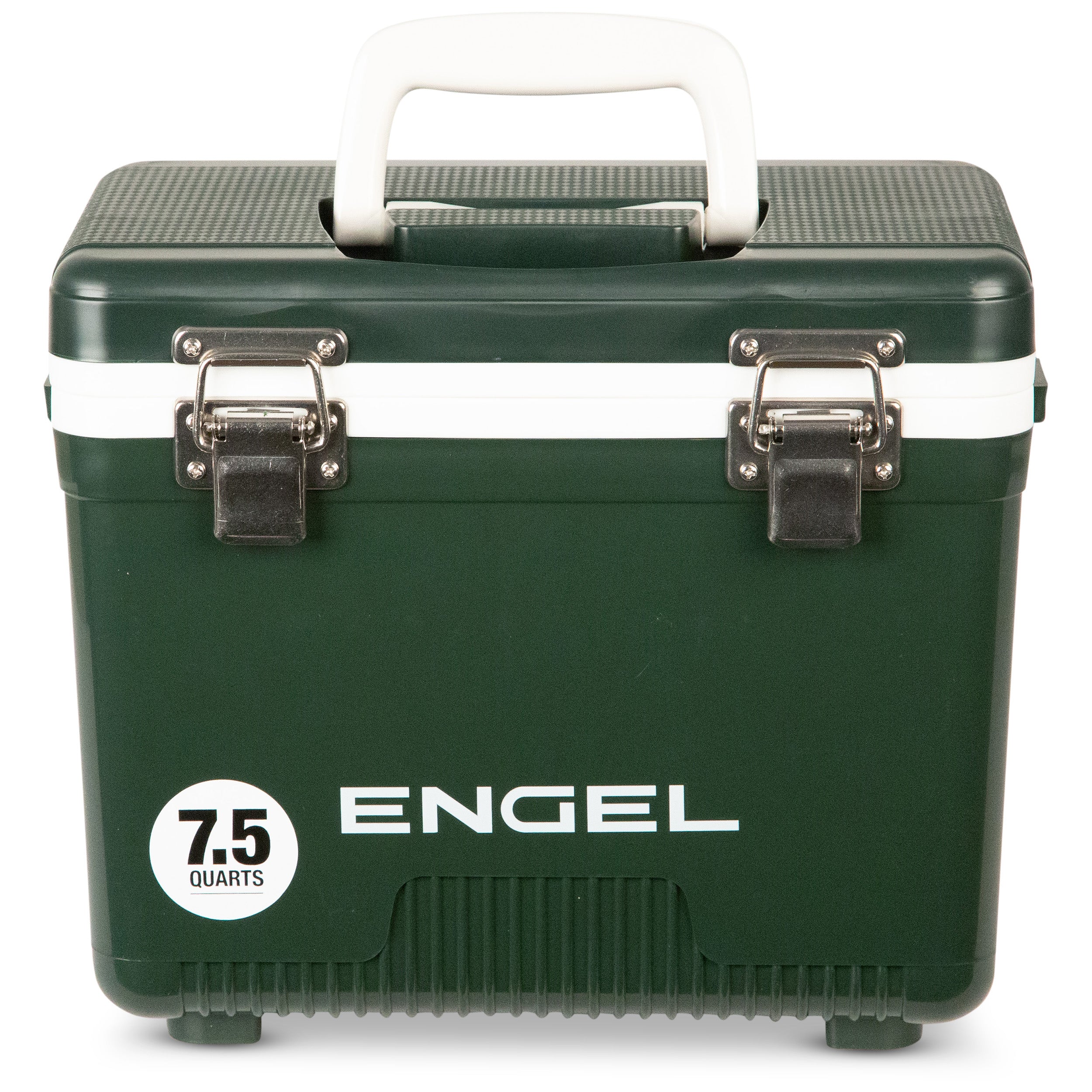 The Engel 7.5 Quart Drybox/Cooler by Engel Coolers is dark green with a white handle and two silver latches. Ideal for hunters and kayak fishermen, it is airtight and leak-proof, ensuring your essentials stay secure and fresh on any adventure.