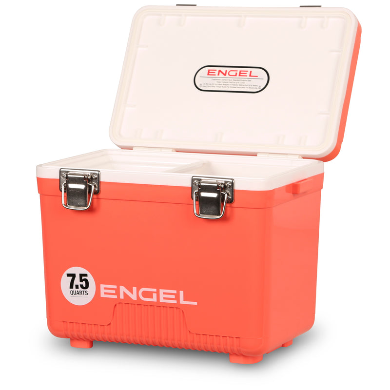 A Engel 7.5 Quart Drybox/Cooler, branded with the word Engel Coolers on it, functions as an airtight drybox.