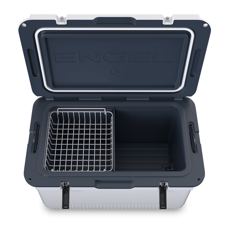 The Engel Coolers ENGEL 60QT UltraLite Injection-Molded cooler is open and has a wire basket inside, designed for superior ice preservation.