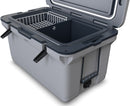 A gray Engel Coolers 60QT UltraLite Injection-Molded cooler with a wire basket.