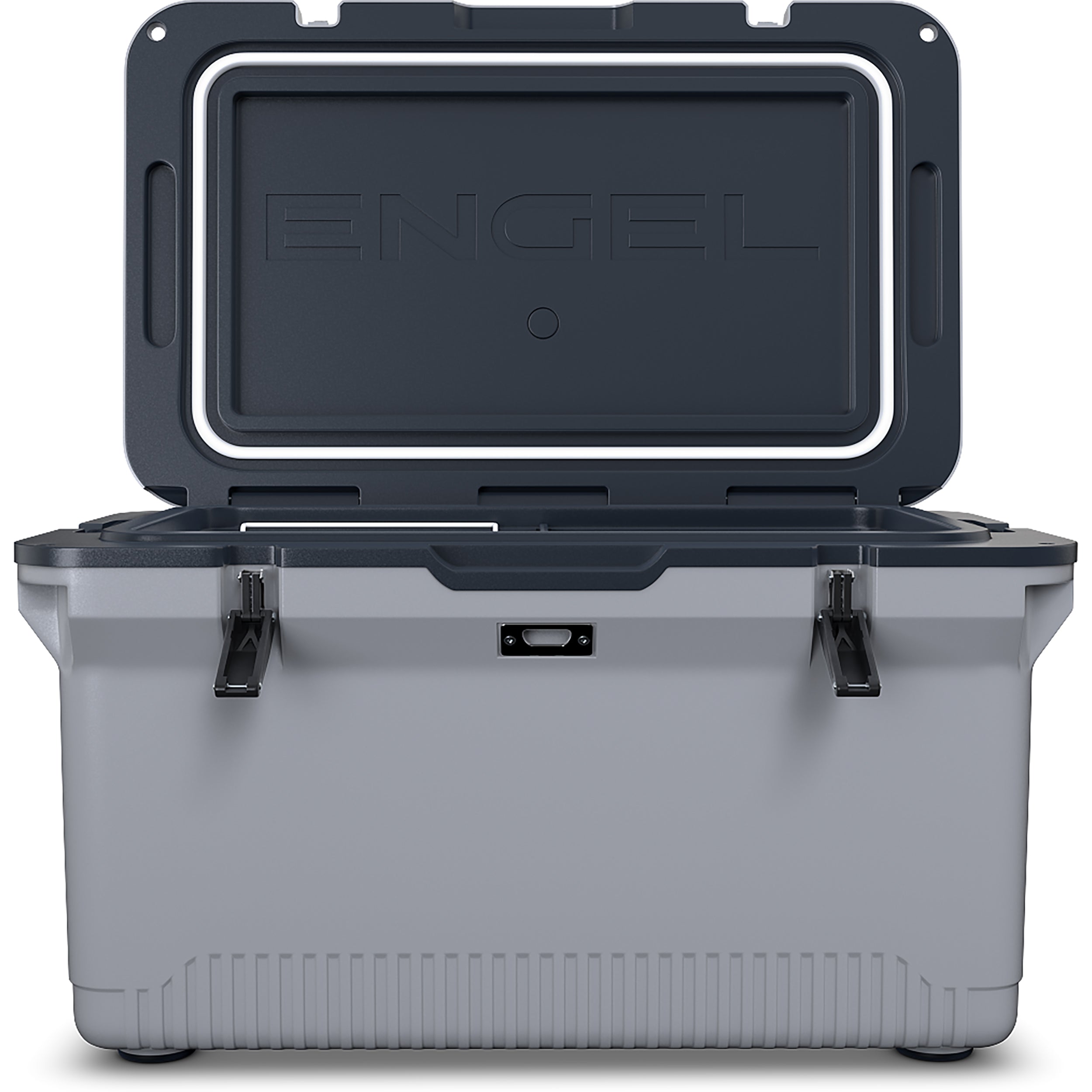The Engel Coolers ENGEL 60QT UltraLite Injection-Molded Cooler With Wire Basket and Divider in grey and black offers superior ice preservation.
