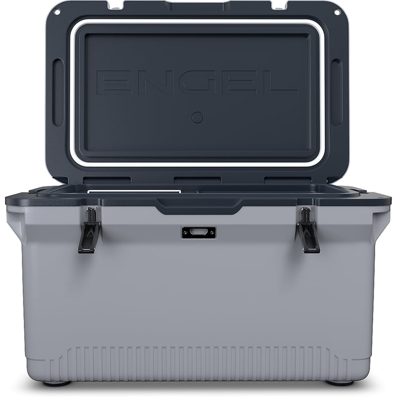 The Engel Coolers ENGEL 60QT UltraLite Injection-Molded Cooler With Wire Basket and Divider in grey and black offers superior ice preservation.