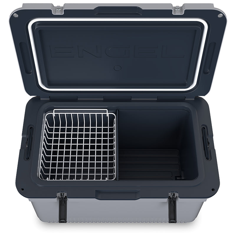 A gray Engel Coolers 60QT UltraLite Injection-Molded cooler with a wire basket inside, designed for superior ice preservation.