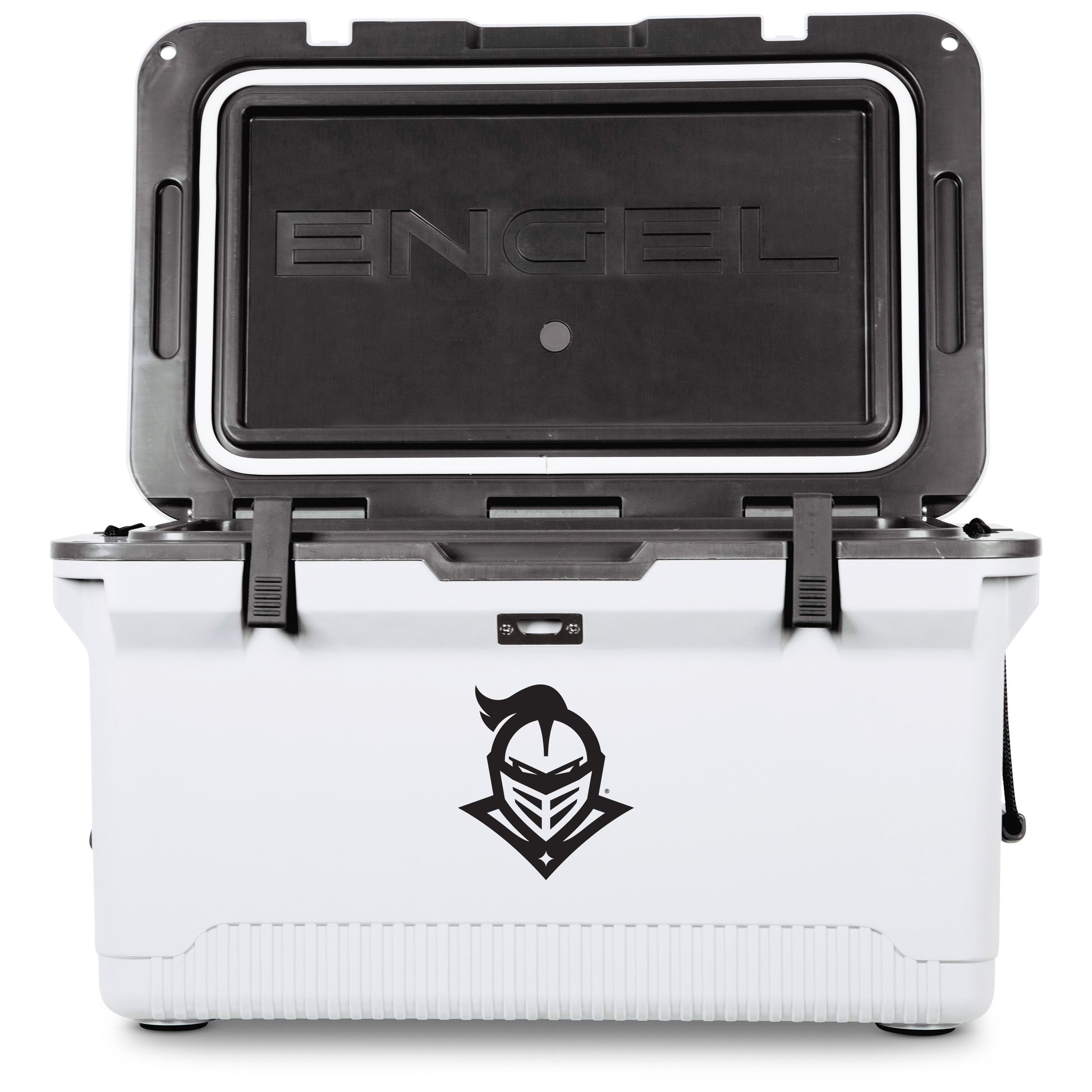The UCF Knight Engel UL60 High Performance Cooler by ENGEL is shown with its lid open, featuring a white exterior, black interior lid, and the UCF Knights' black knight helmet logo on the front.