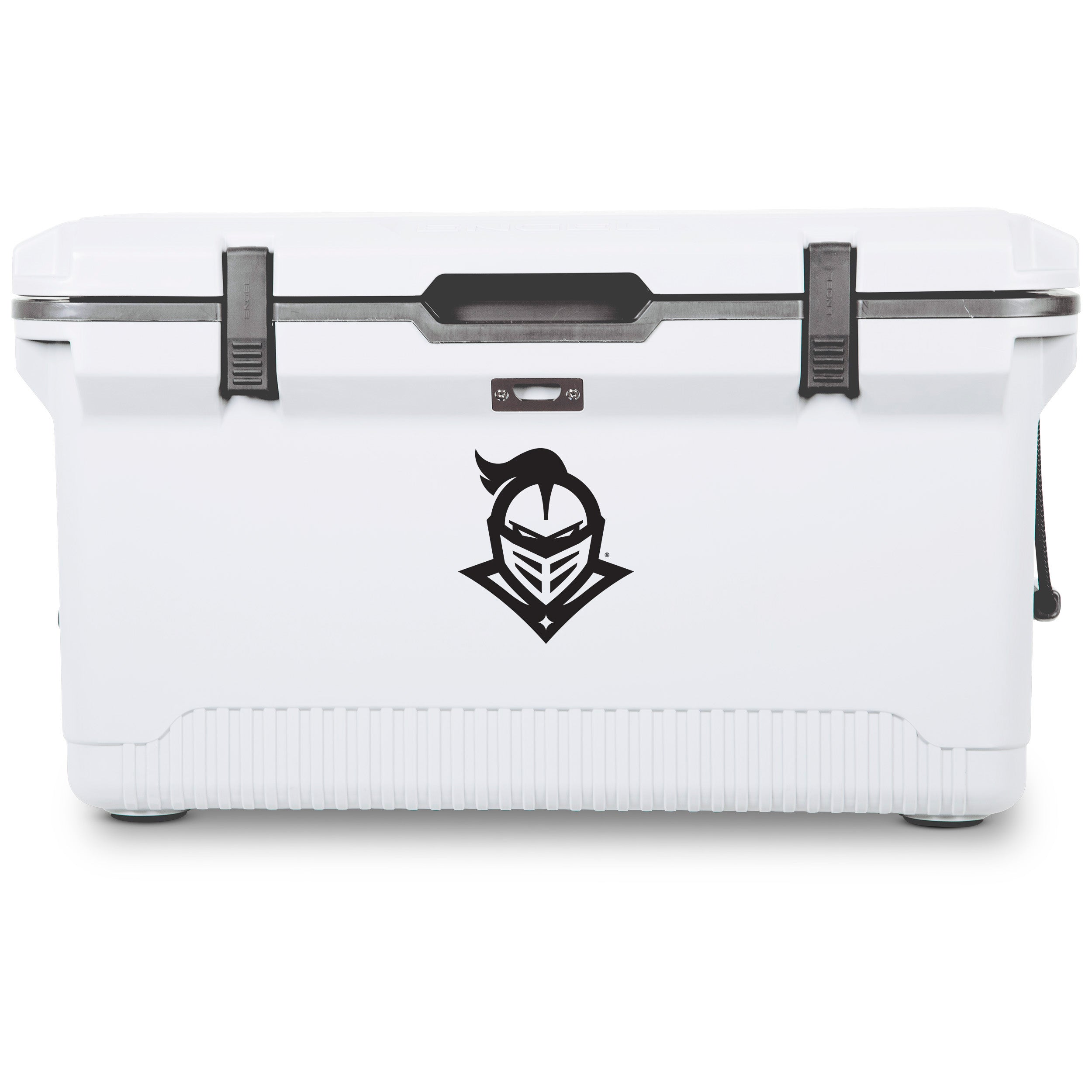 The ENGEL UCF Knight Engel UL60 High Performance Cooler is a large white cooler with two black latches, a right-side handle, and a knight helmet logo—perfect for enduring extreme conditions and showing your UCF Knights pride.
