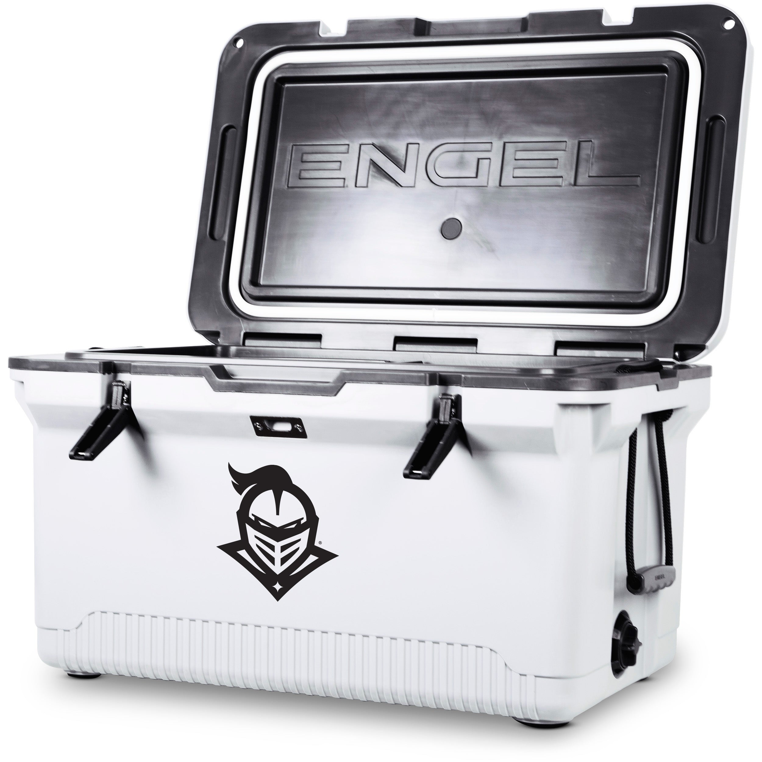 The ENGEL UCF Knight Engel UL60 High Performance Cooler features a black knight helmet logo on the front—perfect for showing your UCF Knights pride while keeping contents cold in tough conditions.