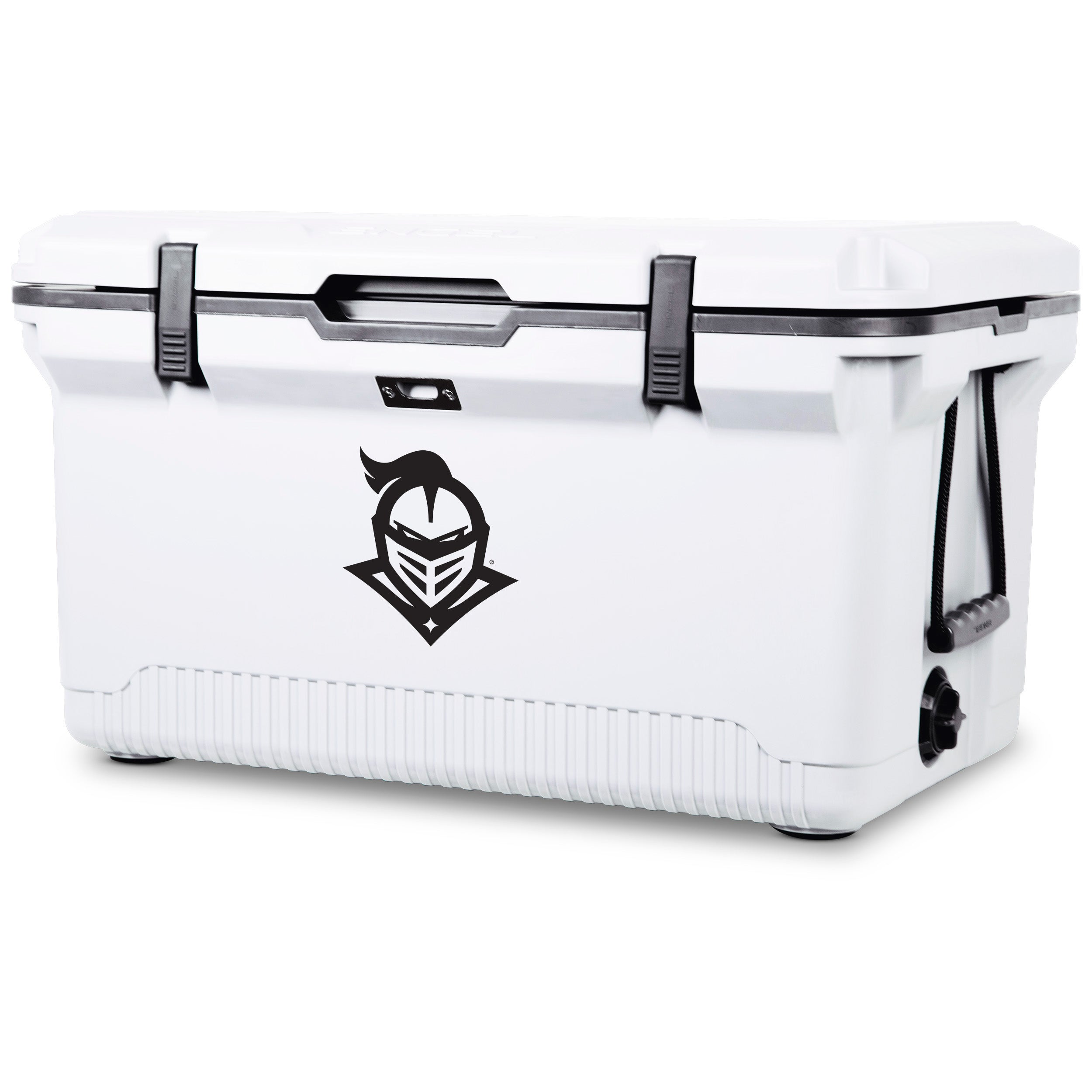 The ENGEL UCF Knight Engel UL60 High Performance Cooler is large and white, featuring a UCF Knights black helmet logo, black latches and handles, plus a side drain spout for convenience.
