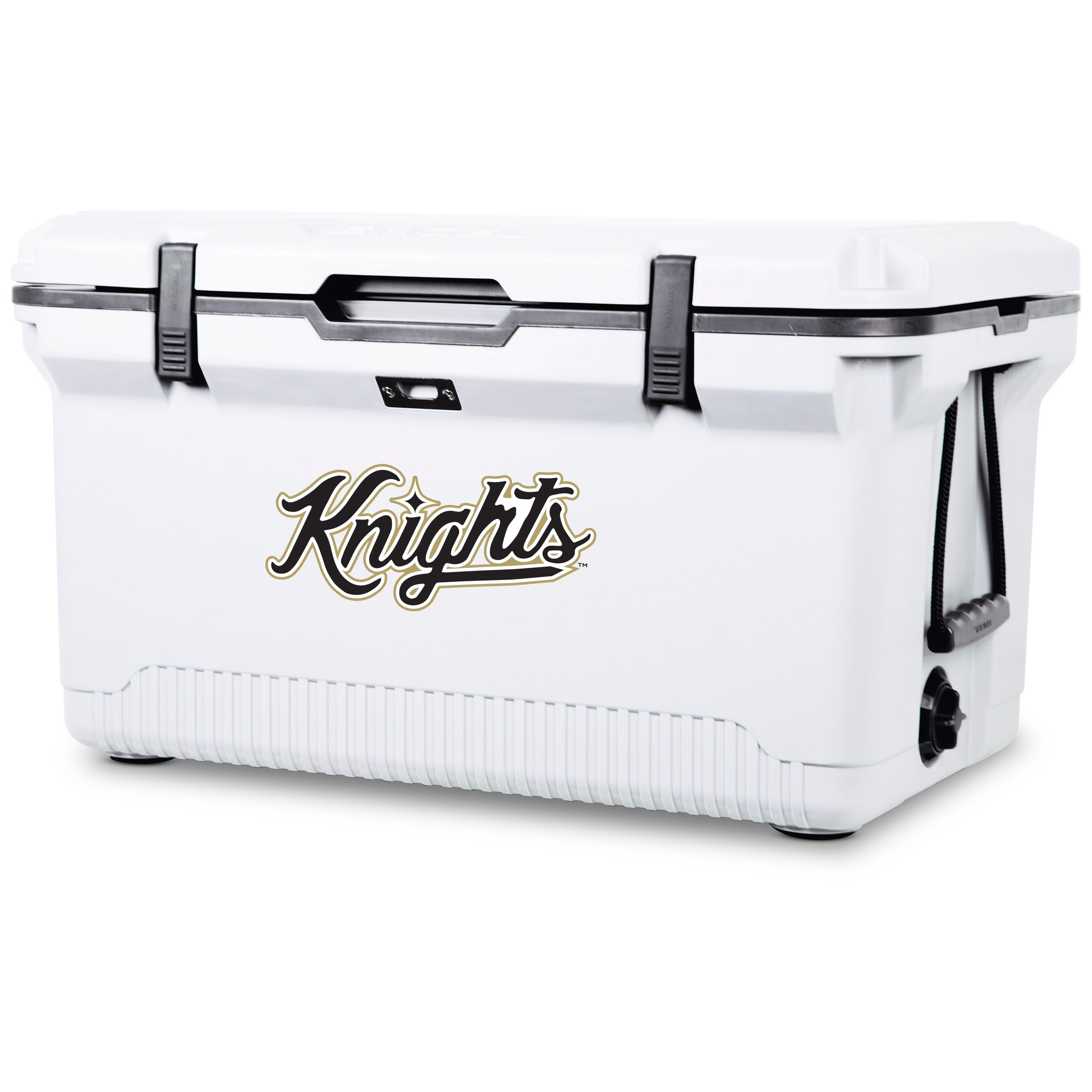 The ENGEL UCF Knights Engel UL60 High Performance Cooler is a large white cooler with black handles and latches, featuring "Knights" in gold and black on the front. It ensures excellent ice retention for your gatherings.