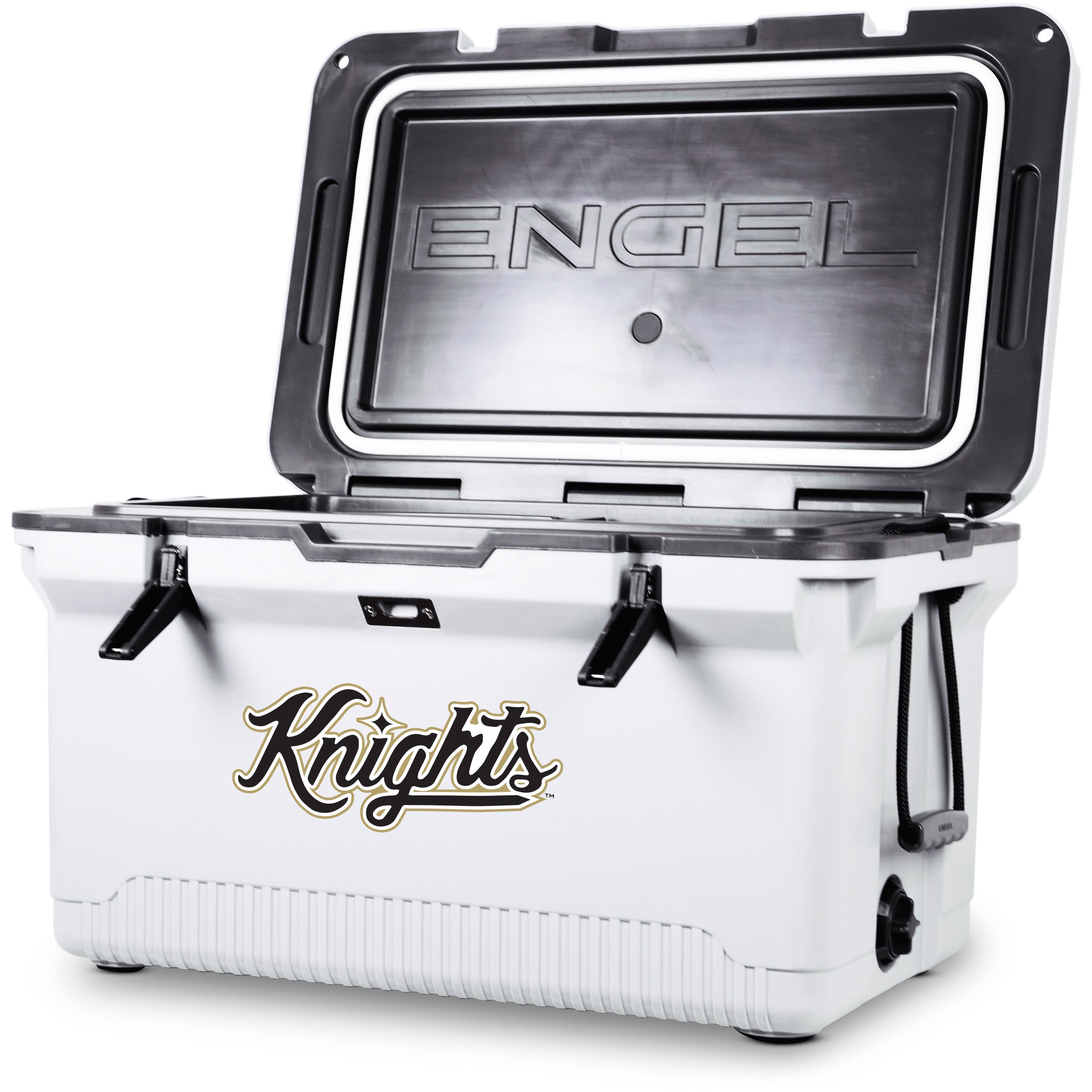 The ENGEL UCF Knights Engel UL60 High Performance Cooler is a large white cooler with black latches, a "Knights" logo on the front, and a partially open lid—designed for superior ice retention and top performance.