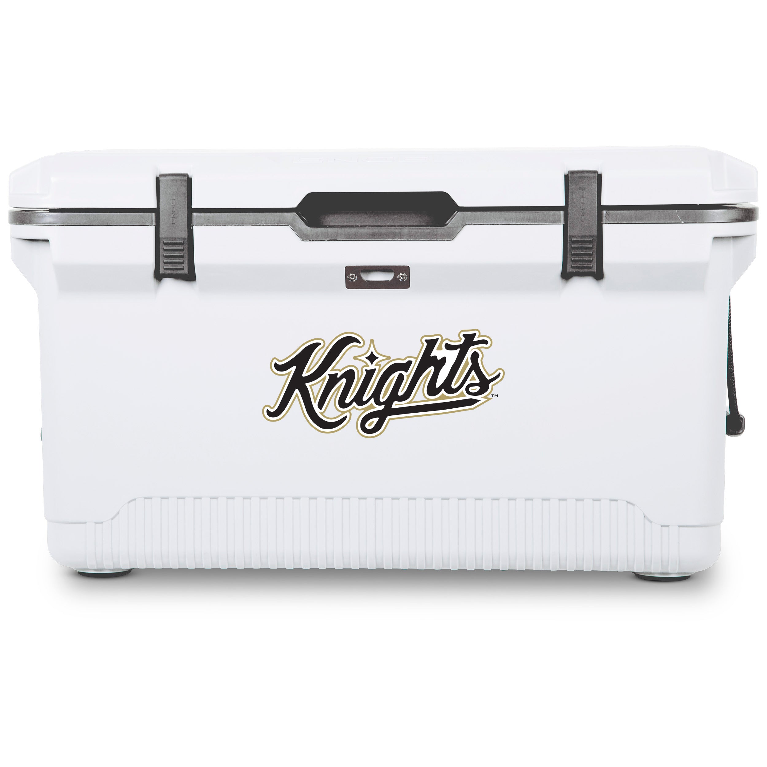 The ENGEL UCF Knights Engel UL60 High Performance Cooler features a white design with black handles, a hinged lid, and "Knights" script on the front. Enjoy superior ice retention for lasting cooling performance.