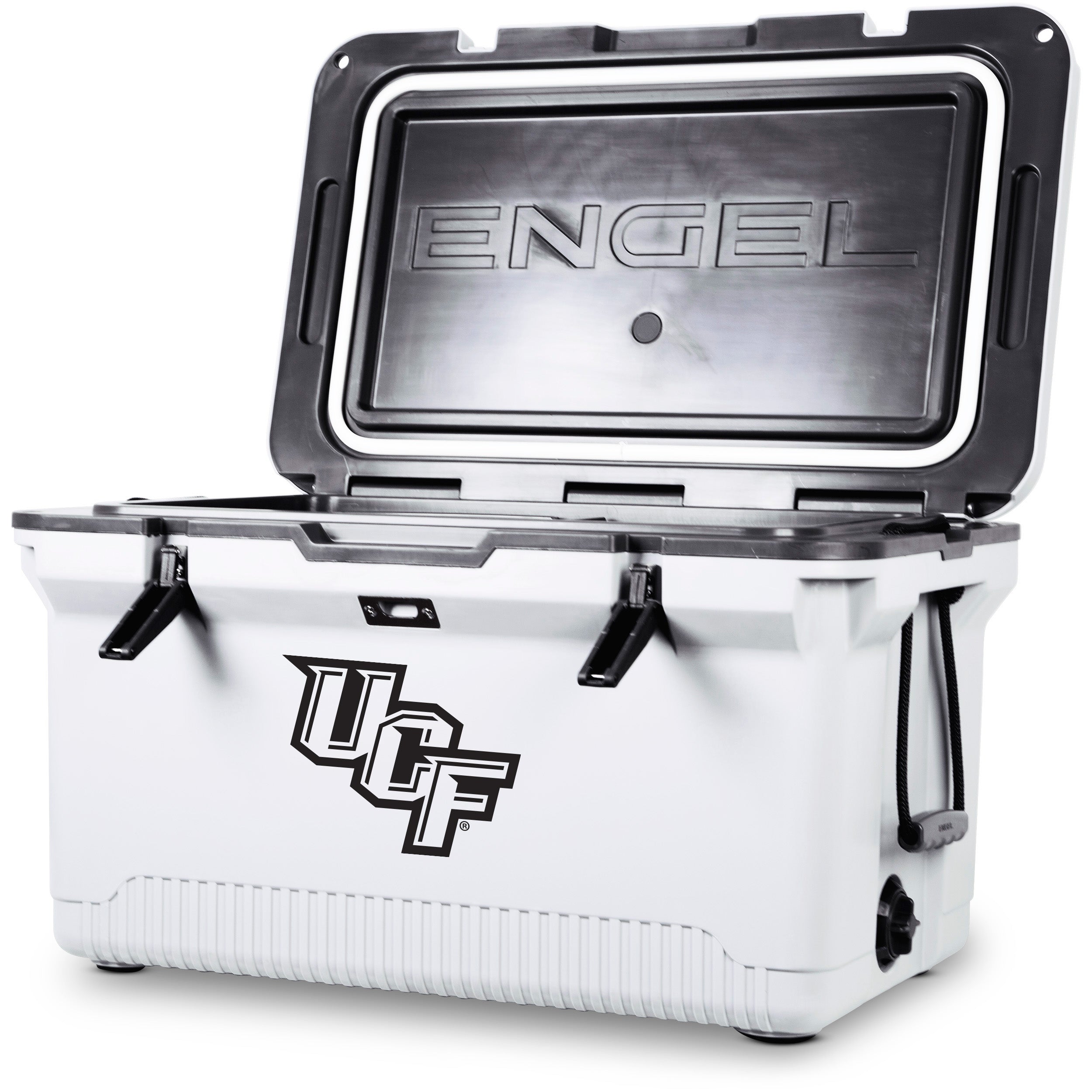 The ENGEL UCF Engel UL60 High Performance Cooler features a white finish, an open lid, and the UCF logo on the front, offering superior ice retention for Knights fans.