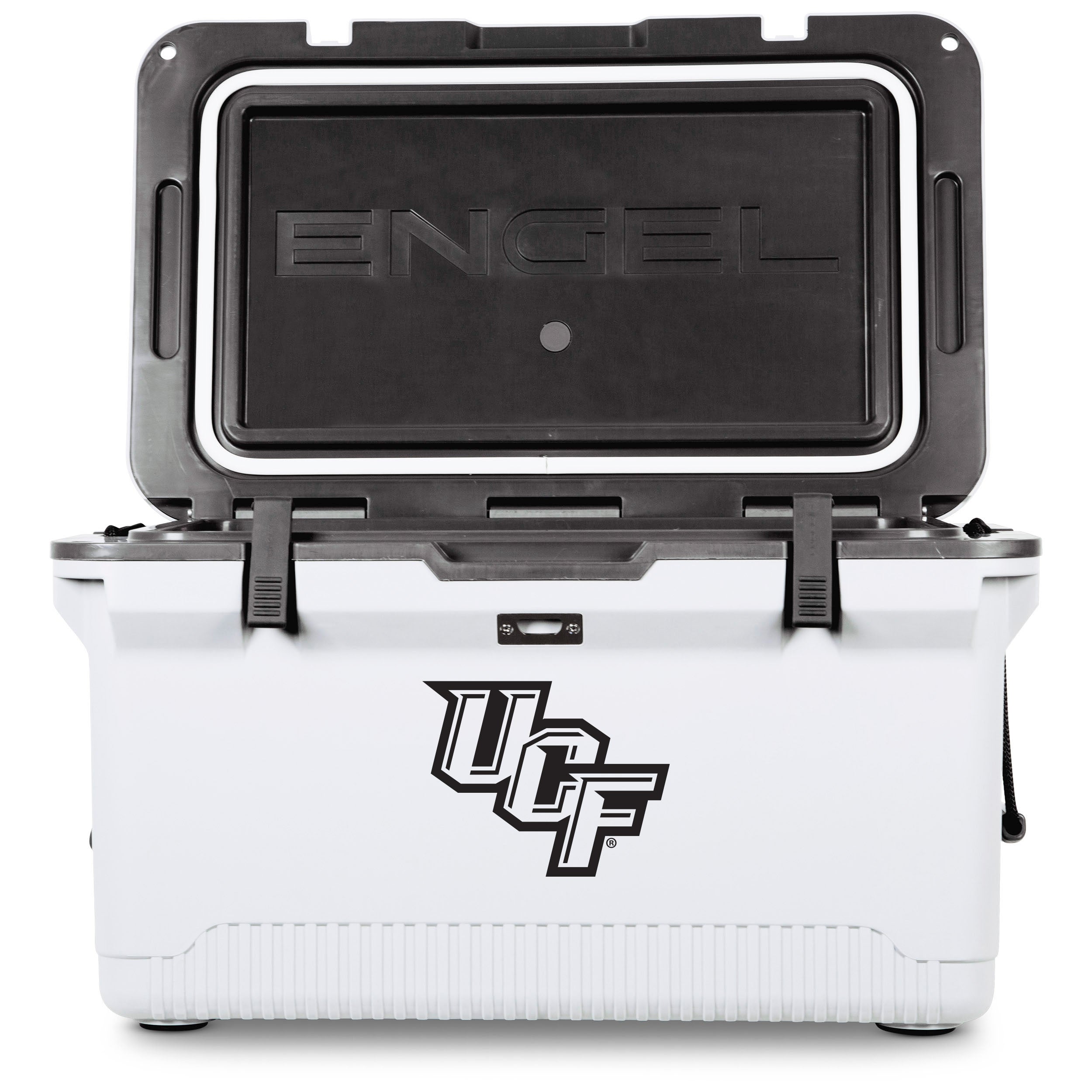 The ENGEL UCF Engel UL60 High Performance Cooler features a white design with a UCF Knights logo on the front, an open lid display, and excellent ice retention—ideal for tailgating.