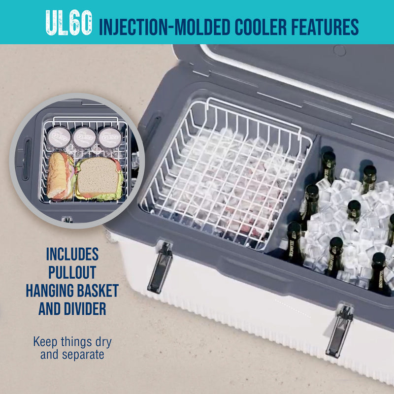 A cooler, specifically the Engel 60QT UltraLite Injection-Molded Cooler With Wire Basket and Divider by Engel Coolers, with a lot of food and drinks in it.