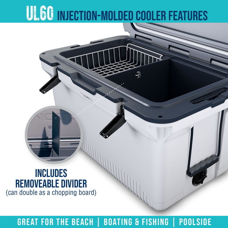 A cooler with the words UGC injection mod, the ENGEL 60QT UltraLite cooler features exceptional ice preservation.