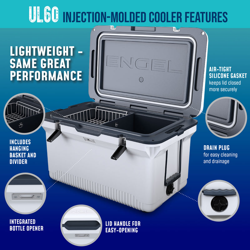 A cooler with the ice preservation features of the Engel Coolers 60QT UltraLite Injection-Molded Cooler With Wire Basket and Divider.