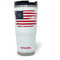 A white and red Engel Coolers USA Flag 22oz Tumbler with a patriotic design on it.