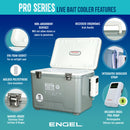 Engel Coolers Engel 7.5Qt Live bait Pro Cooler with AP3 Rechargeable Aerator features stainless steel hardware.