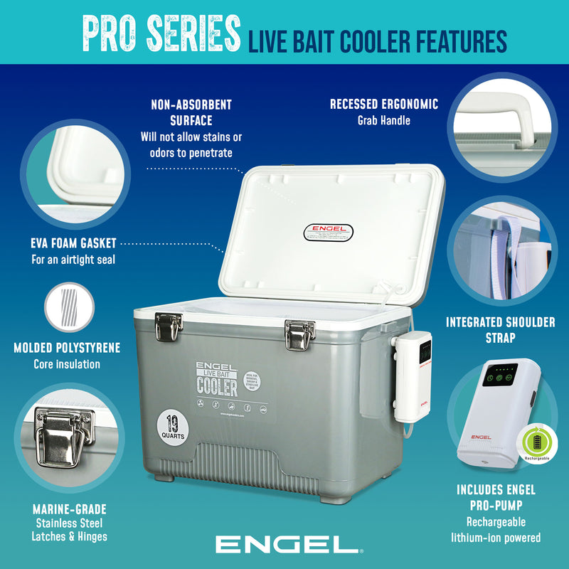 Engel Coolers Engel 13Qt Live bait Pro Cooler with AP3 Rechargeable Aerator & Stainless Hardware features a rechargeable aerator for live bait in its bait storage system.