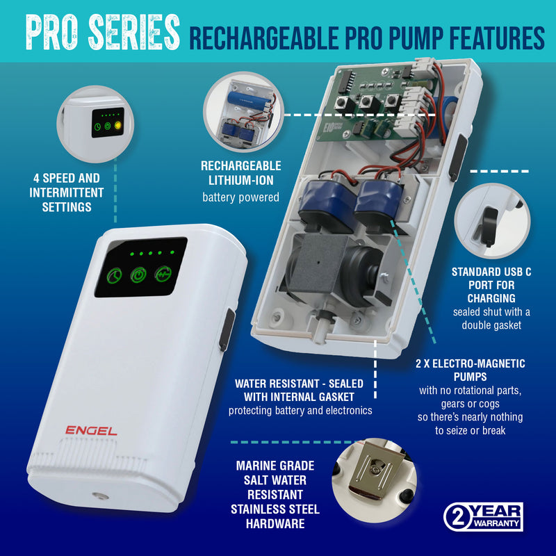 Engel Coolers Pro series rechargeable live bait pump features.