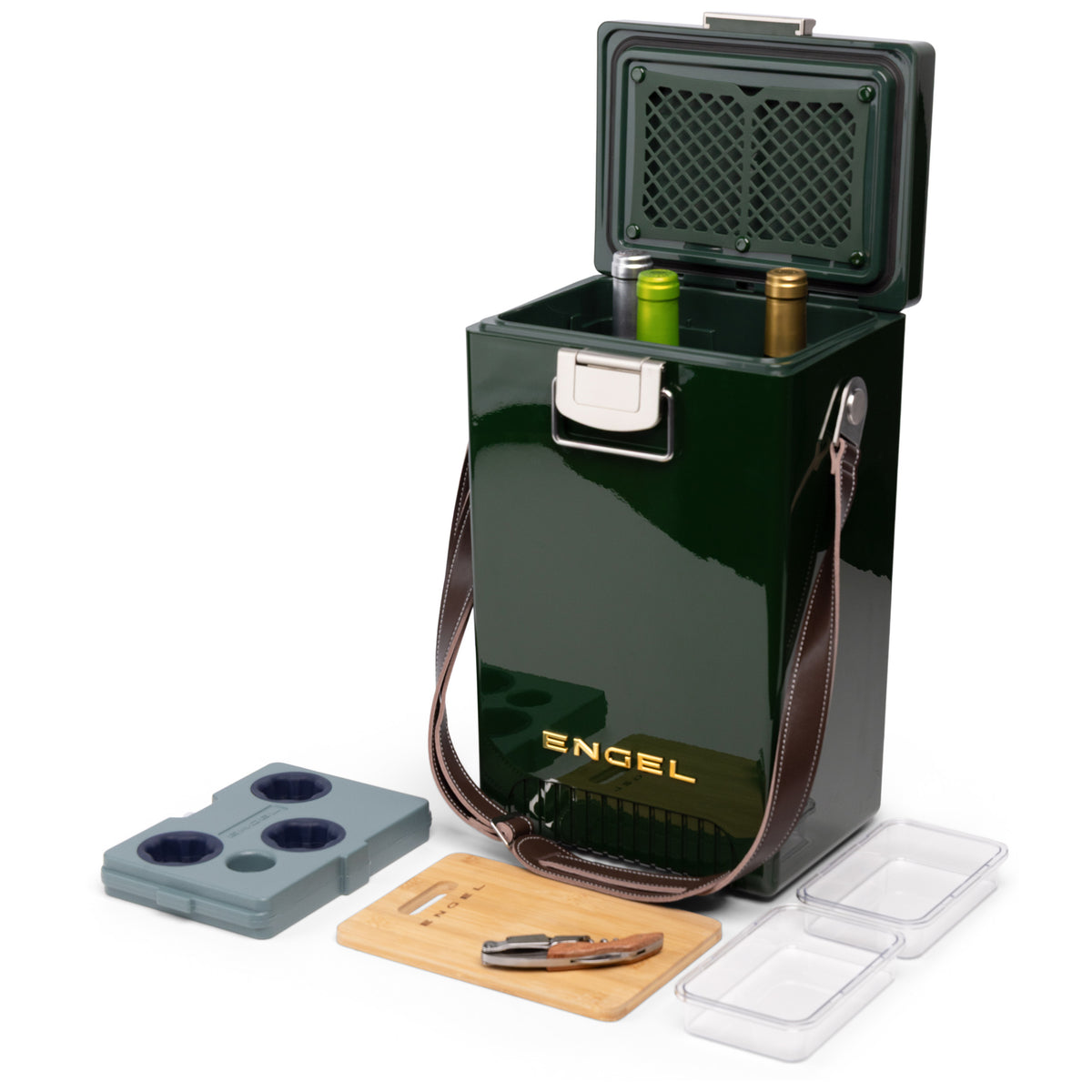 Dark green Engel Reserve Premium Wine Cooler with an open lid, carrying strap, internal bottle rack, ice pack, small cutting board, corkscrew, and two clear containers.