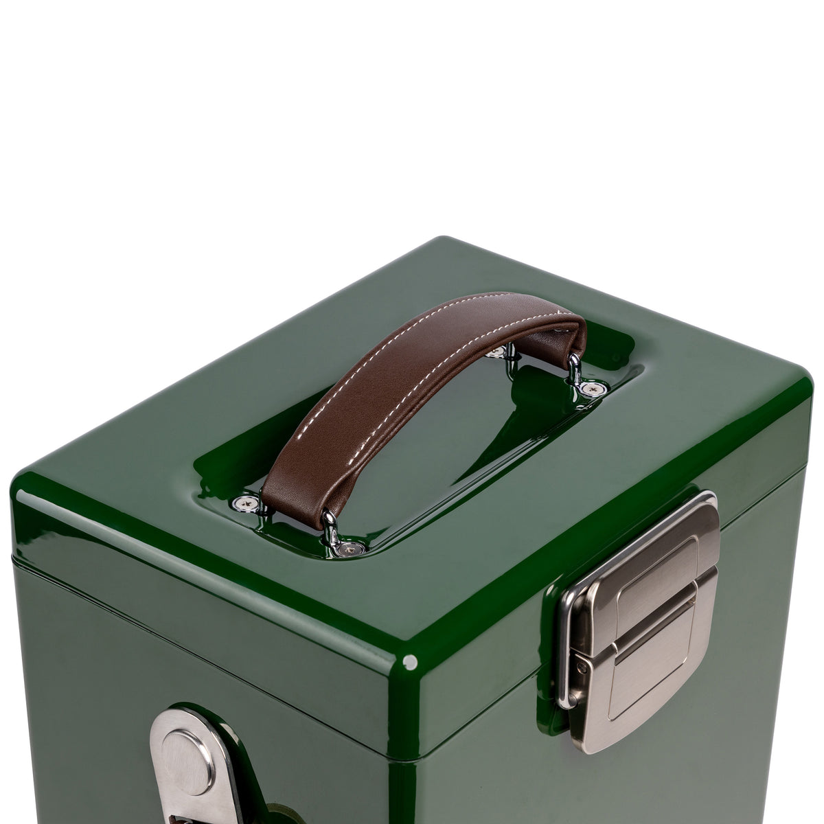 Dark green hard-sided Engel Reserve Premium Wine Cooler with a brown leather top handle and metal side latches.