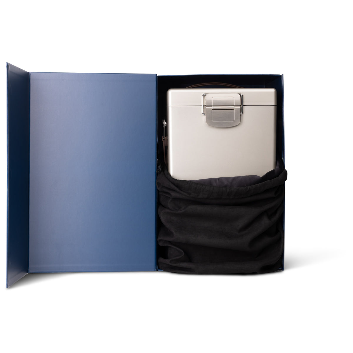 An Engel Reserve Premium Wine Cooler in silver metal with a latch, resting in a black fabric pouch inside a blue presentation box.