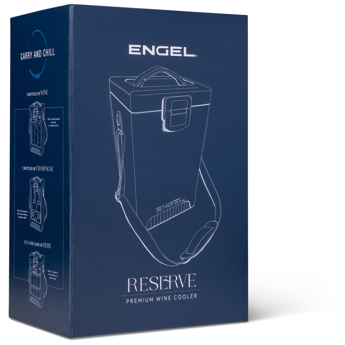 Dark blue Engel Reserve Premium Wine Cooler box featuring a white line drawing of the cooler with capacity diagrams for wine bottles, champagne, and beer cans.