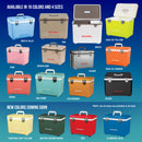 Grid displaying Engel Coolers in 16 colors and 4 different sizes, with names like arctic blue, tan, high viz yellow, and elemental blue noted below each.
