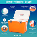 Illustration highlighting features of an Engel Coolers 19Qt Patriotic Drybox Cooler, such as non-absorbent surface, ergonomic handle, EVA foam gasket, polystyrene core, marine-grade hinges.