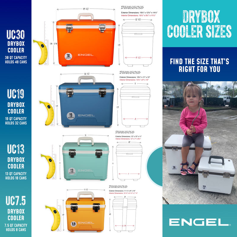 Advertisement for Engel Coolers featuring coolers in various colors, diagrams of cooler dimensions, a child beside an open Engel 19Qt Patriotic Drybox Cooler, and comparison graphics with bananas for scale.