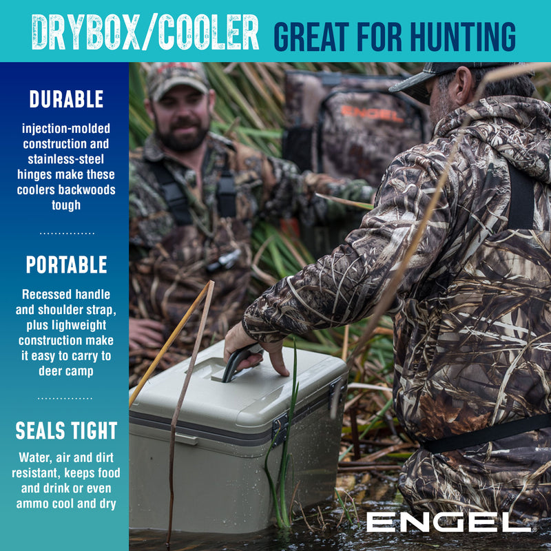 Advertisement showing a man in camouflage clothing sitting in wetlands with an Engel Coolers Engel 13 Quart Drybox/Cooler, highlighting its features for hunting use.