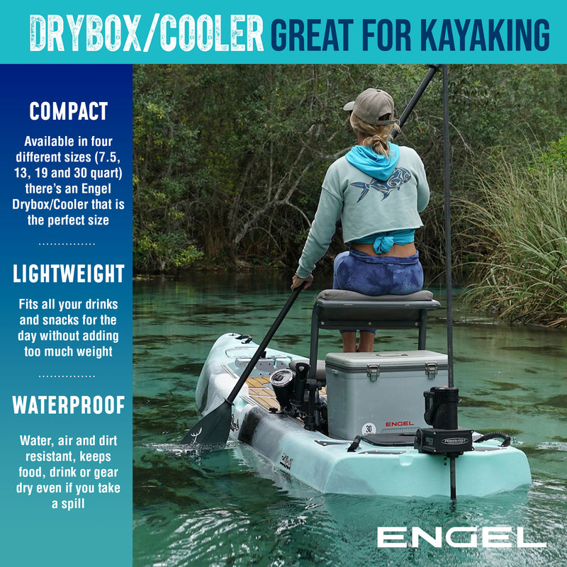 A person kneeling on a kayak with an Engel 13 Quart Drybox/Cooler labeled "Engel Coolers" in a river, surrounded by greenery, and text detailing cooler features.