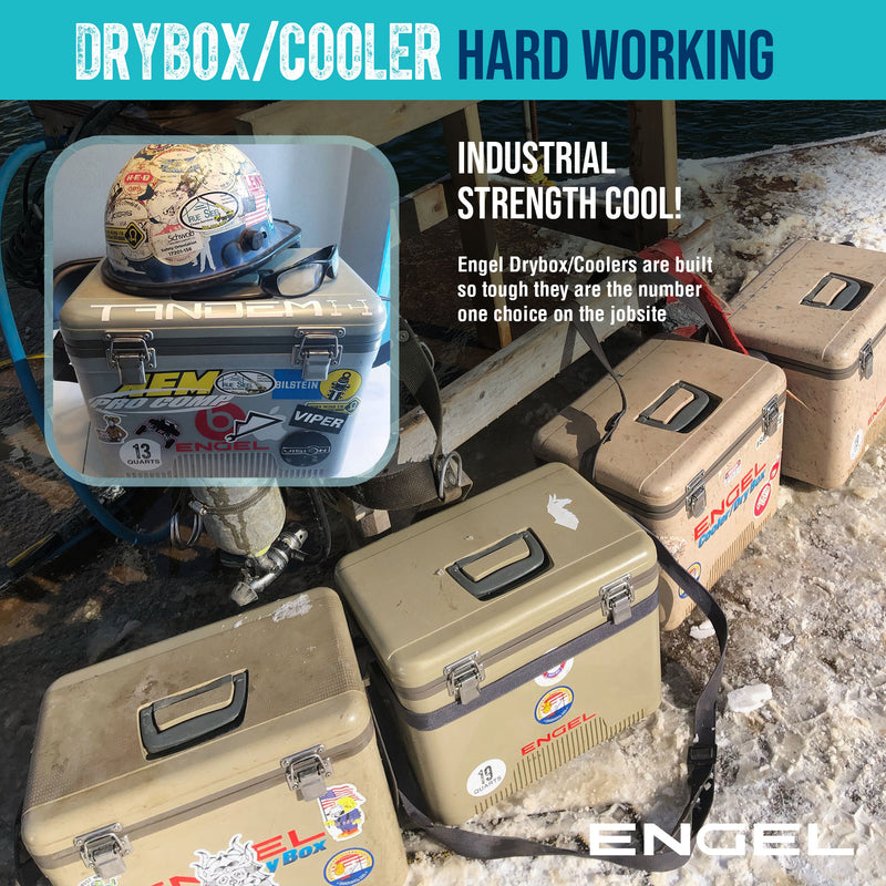 Collage of four images showing Engel Coolers 13 Quart Drybox/Coolers in various work environments, including kayak fishermen, highlighting their durability, leak-proof and air-tight features.