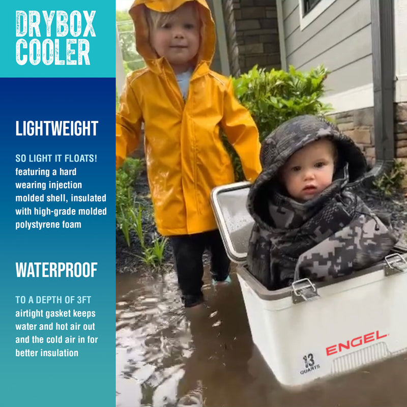 A toddler in a yellow raincoat and another by an Engel 19Qt Patriotic Drybox Cooler, both outside a house on a rainy day, with text describing the cooler's features.