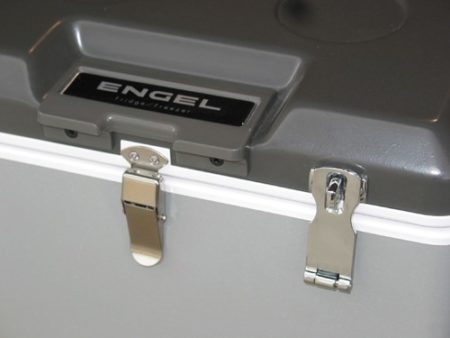A gray cooler with the word Engel Coolers on it and an Engel Freezer Locking Hasp.