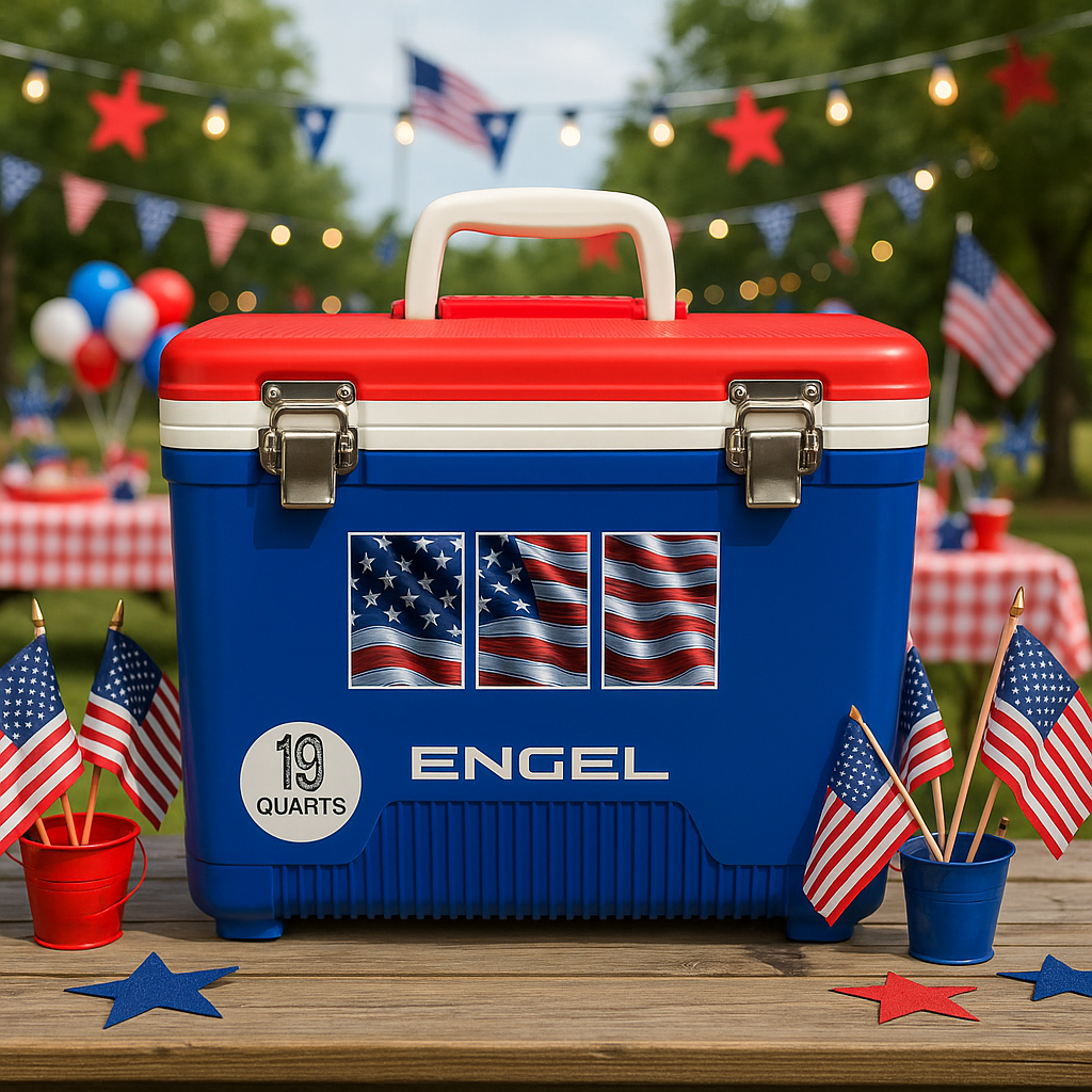 The Engel 19Qt American Flag Drybox Cooler by Engel Coolers, featuring patriotic blue and red colors with flag decals, sits on a table with U.S. flags at an outdoor event, providing a leak-proof option for your adventures.