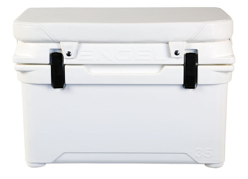 An Engel white cooler with a White Seat Cushion for Engel Hard Cooler on a white background.