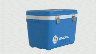 A blue cooler with the word Engel Coolers on it, featuring stainless steel hardware.